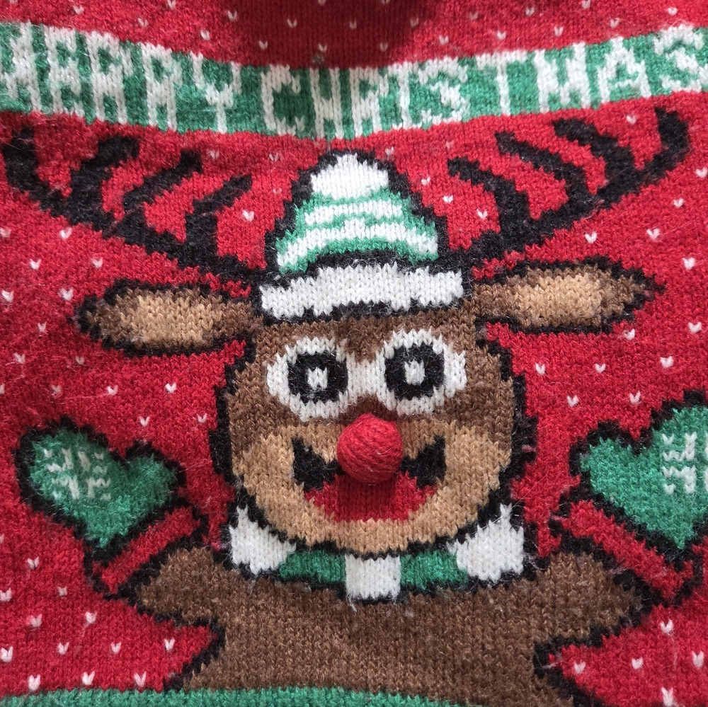 Festive Red Christmas Sweater with Reindeer Design, Size 18-24months, Unisex - Picture 3 of 4